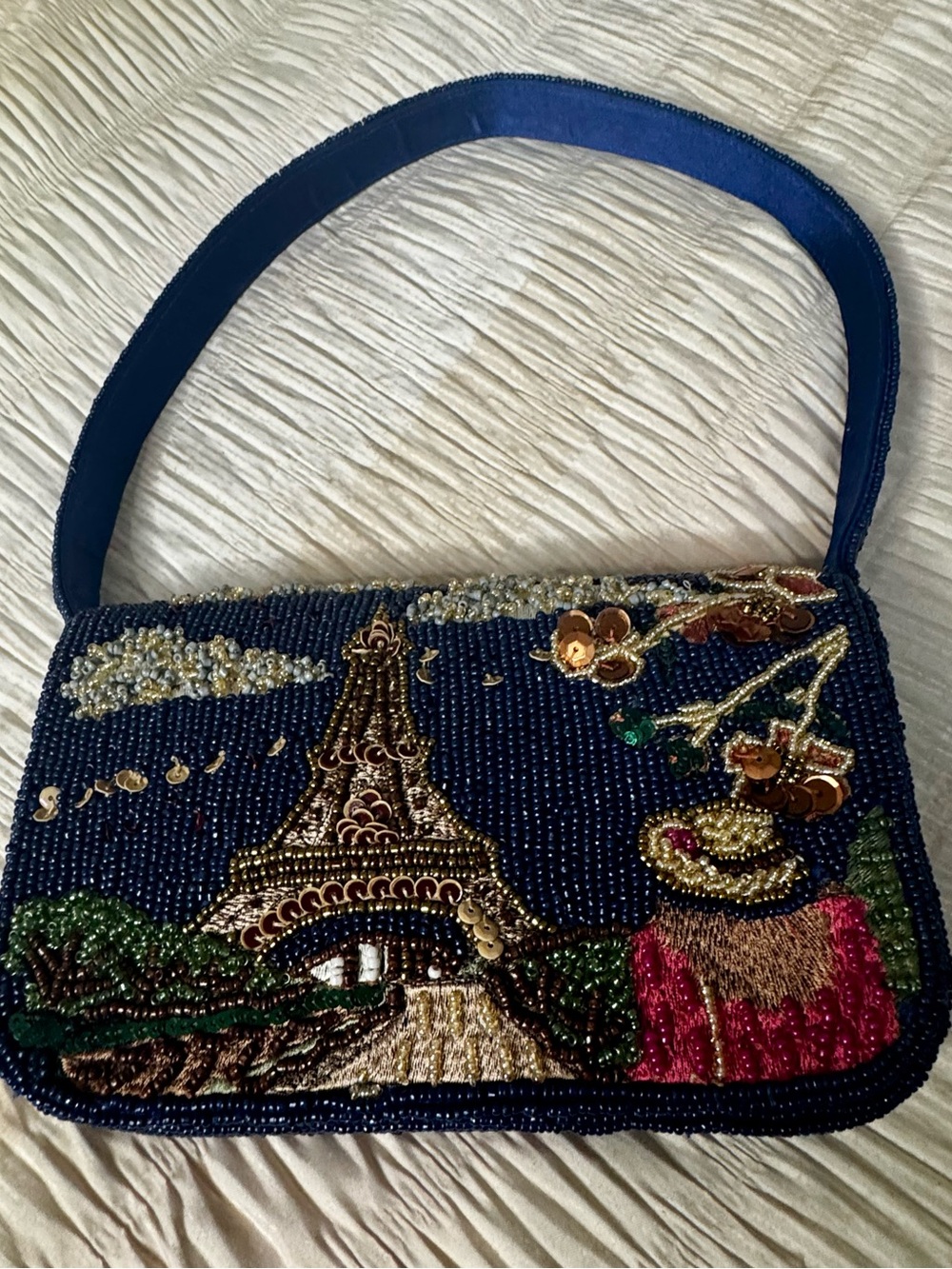 New Viral Paris Beaded Navy Bag with Paris Motif